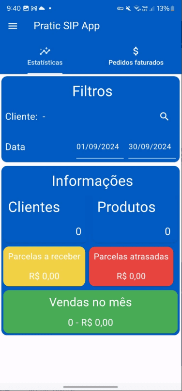 Tela de estatísticas do App Pratic SIP com filtros, clientes, produtos e vendas no mês