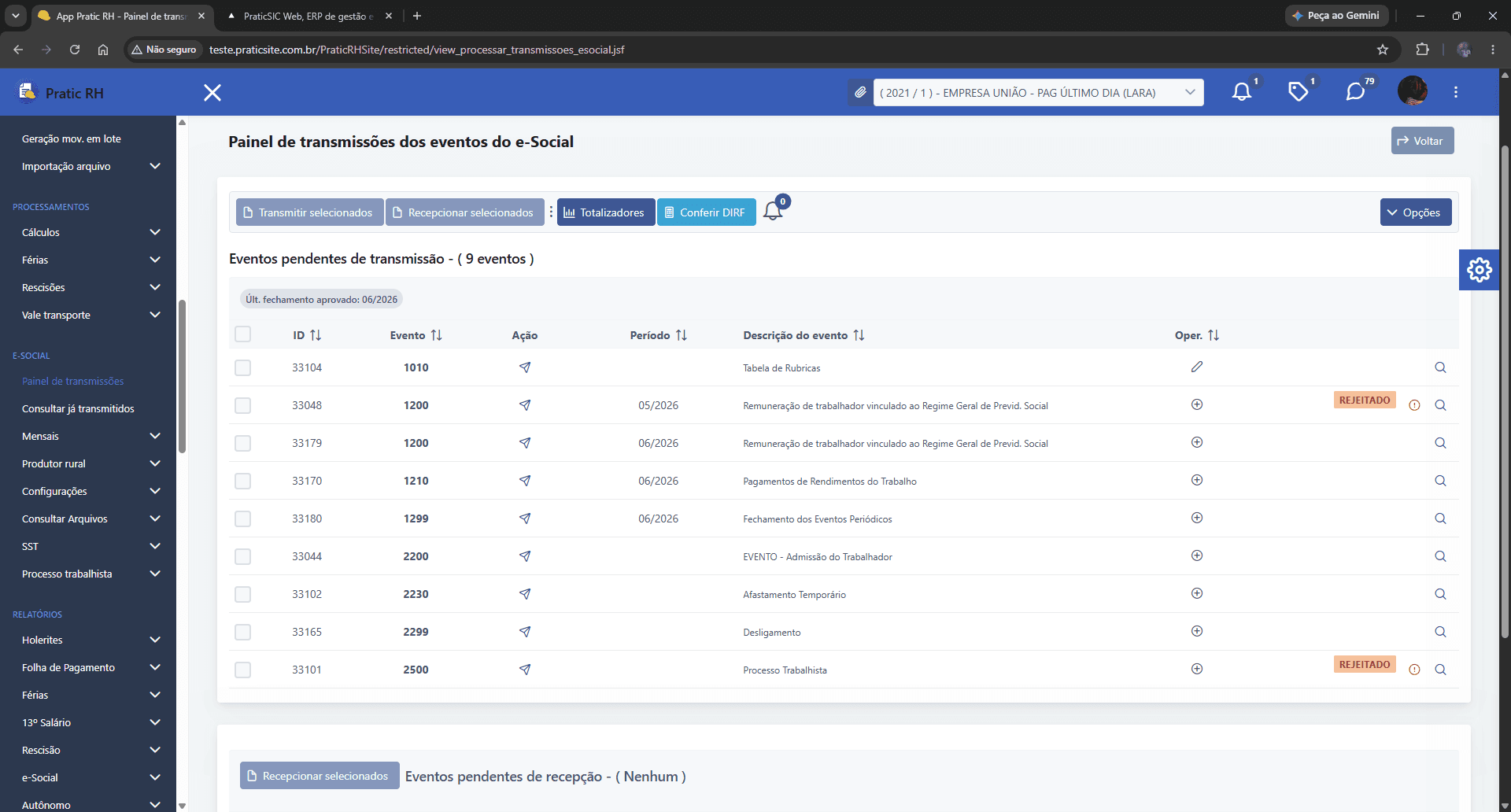 Tela de painel de transmissões do eSocial do Pratic RH na nuvem