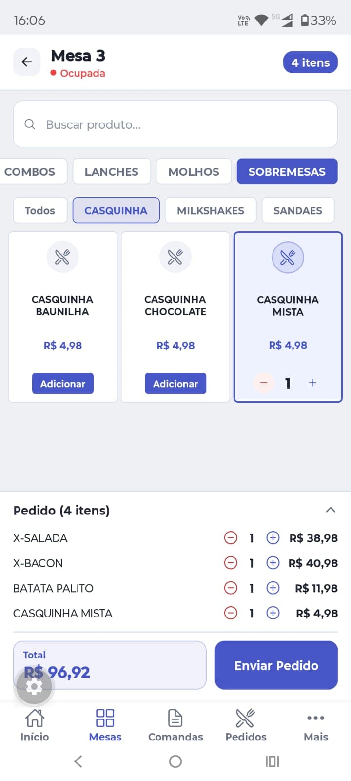 Tela de lançamento de pedidos com busca de produtos, categorias e itens da mesa