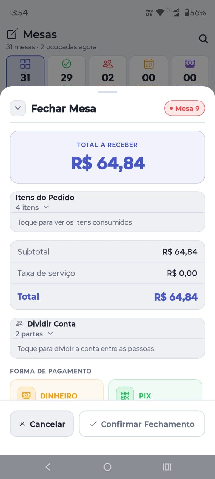 Tela de fechamento com formas de pagamento em dinheiro e PIX