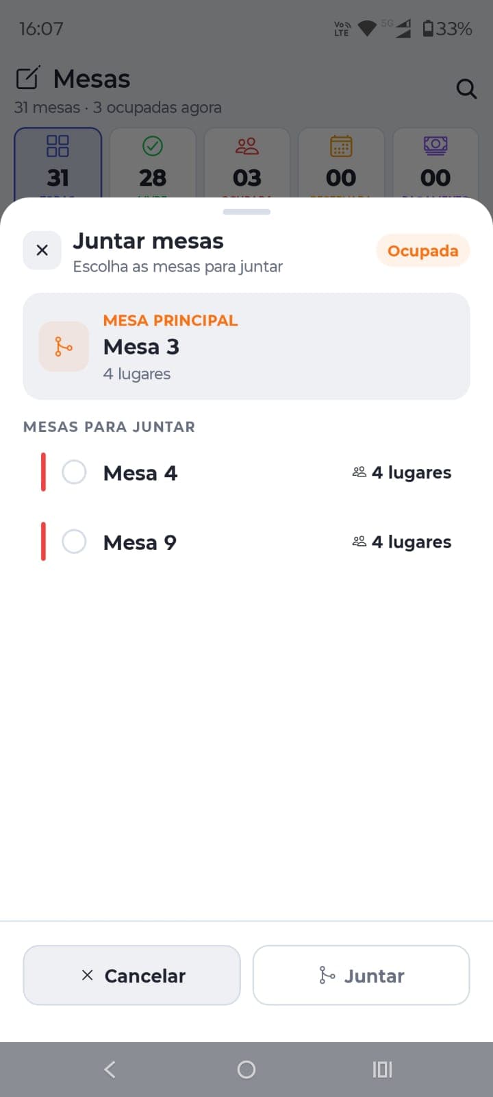 Tela de juntar mesas escolhendo a mesa principal e as mesas para unir