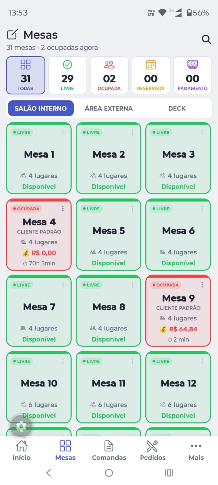 Tela de mesas do Pratic Waiter com status livre, ocupada e reservada por salão