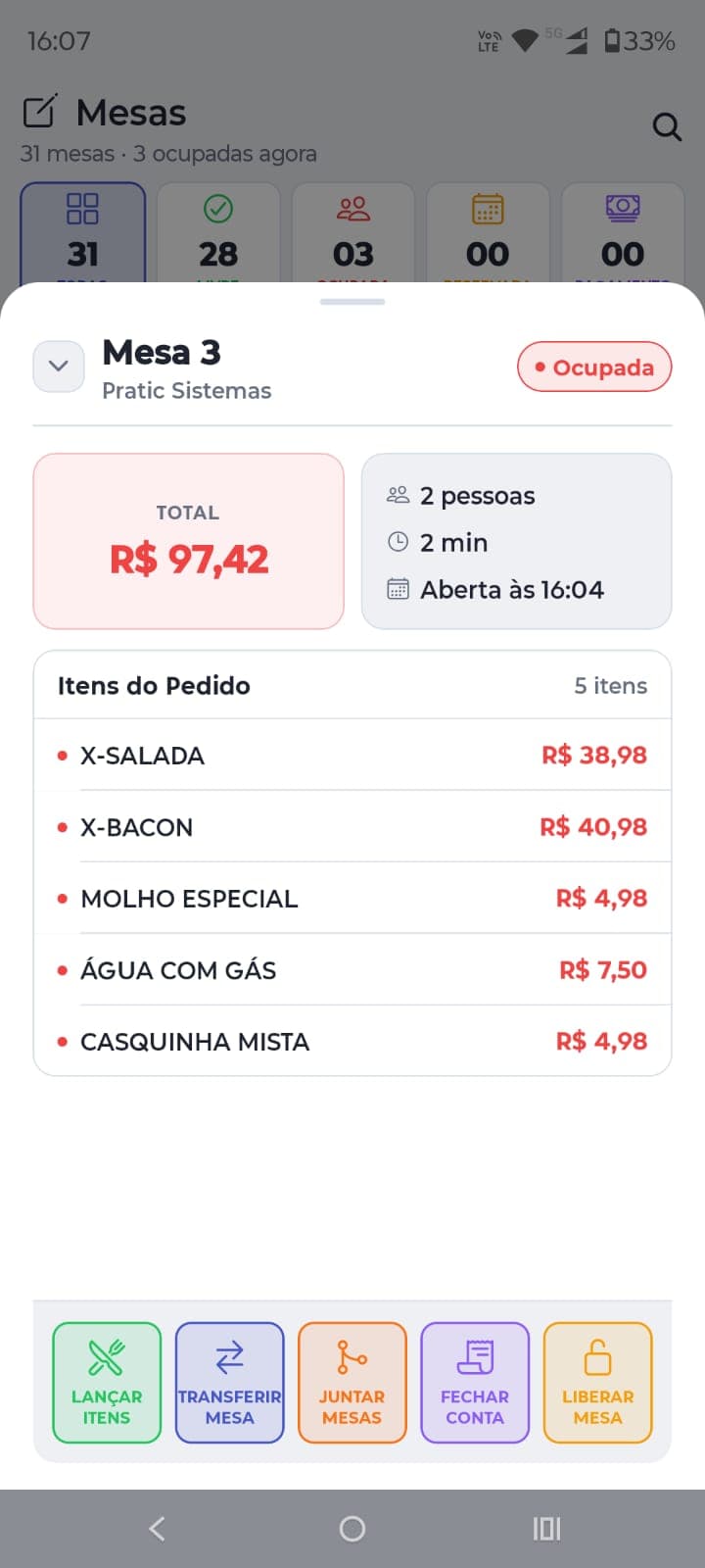 Tela da mesa com total consumido, itens do pedido e ações de transferir, juntar, fechar e liberar