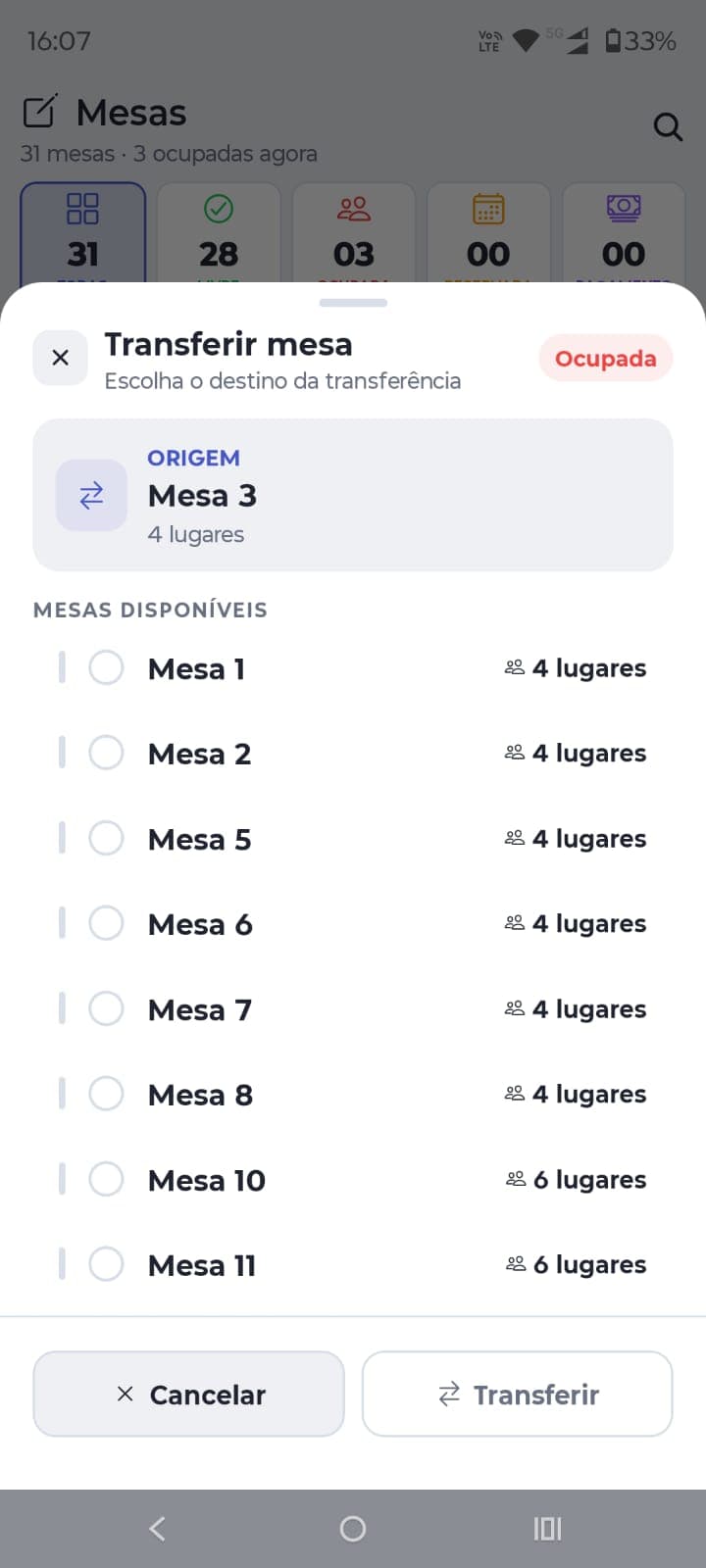 Tela de transferência de mesa com a origem e as mesas disponíveis