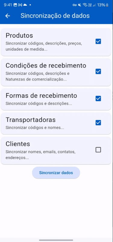 Tela de sincronização de dados do App Pratic SIP: produtos, condições e formas de recebimento, transportadoras e clientes